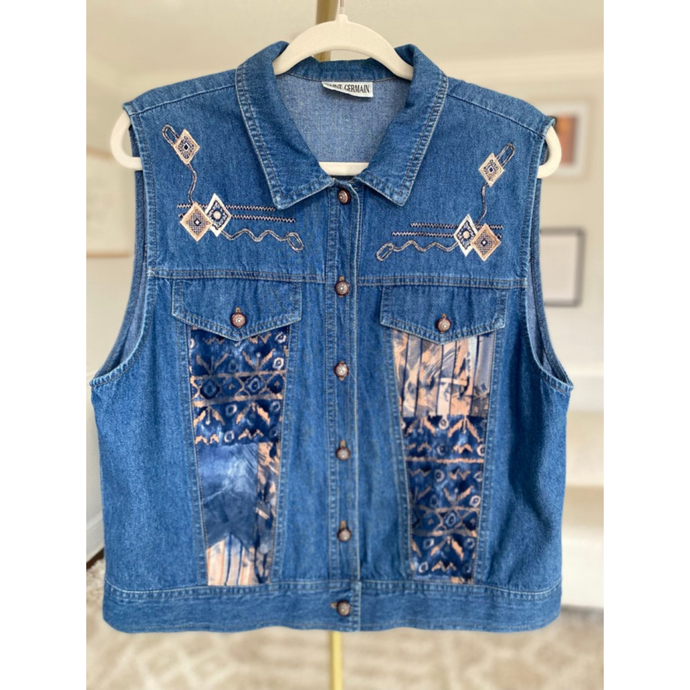 Saint Germain Embroidered Denim Vest Boho Western Artisan Vintage Ranch Festival - Picture 2 of 9